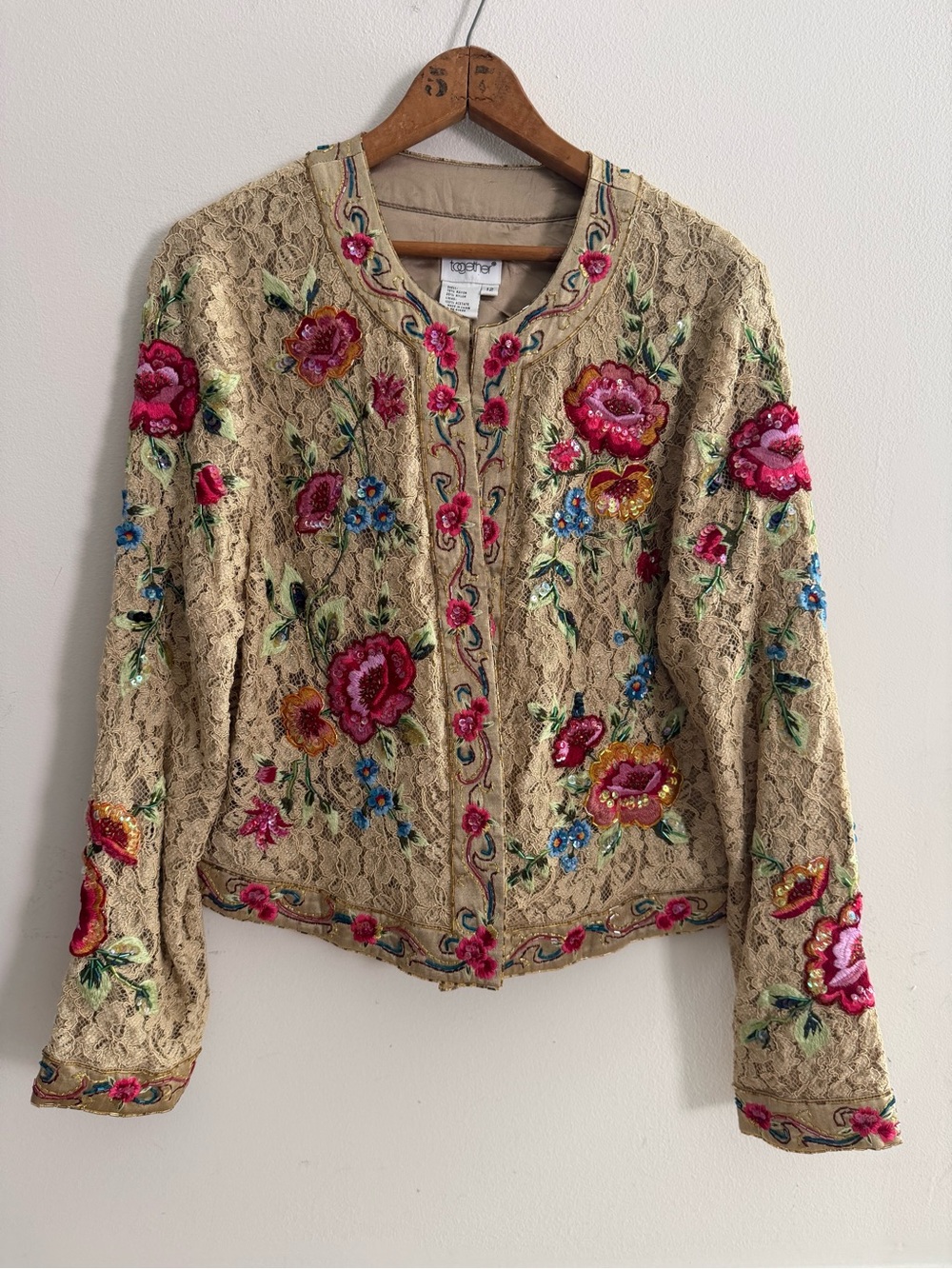 Embroidered Beaded Floral Tan Lace Open Front Jacket Cropped Formal Colorful MOB